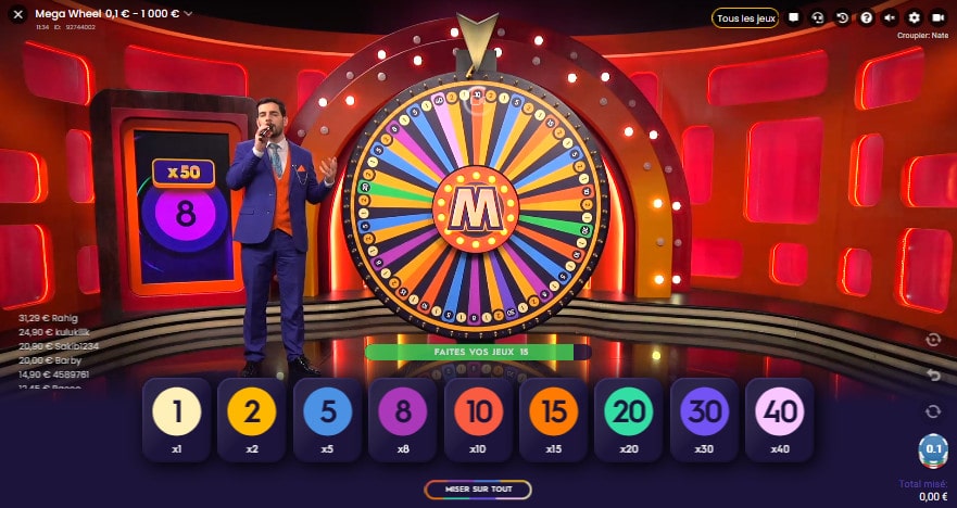 Jeu de Mega Wheel avec croupier online par le logiciel Pragmatic Play Live Casino