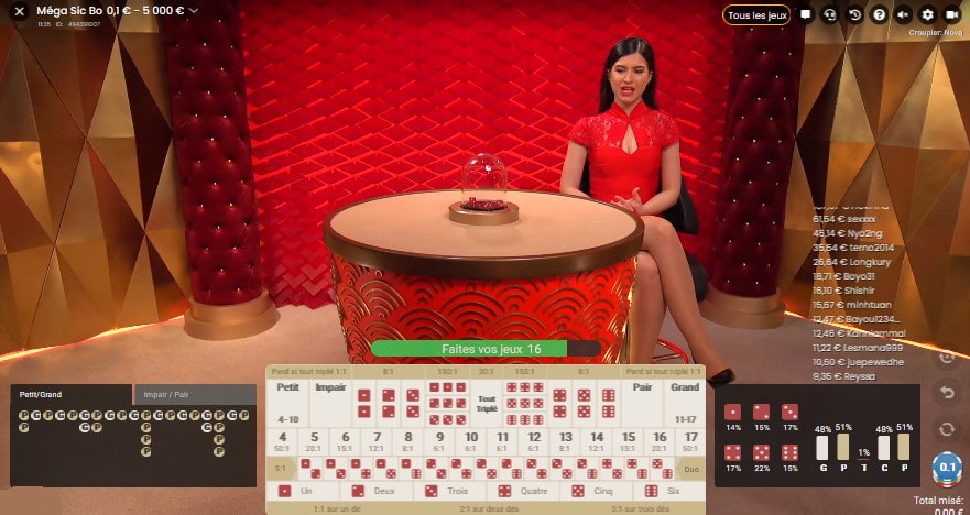 Jeu de Mega Sic Bo avec croupier en direct par le logiciel Pragmatic Play Live Casino